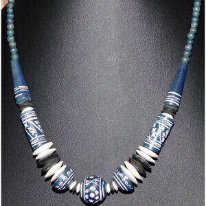 Vintage Blue And White Floral Carved Beaded Necklace